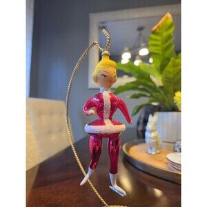 Vintage Glass Pink Ice Skater Girl Christmas Holiday Ornament De Carlini Italy
